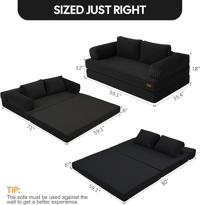 MeMoreCool Convertible Sofa Bed Black Folding Floor Couch Bed Queen Pull Out Sleeper Couch with Pillows Corduroy Fold Out Futon Sofa for Bedroom Living Room Small Space