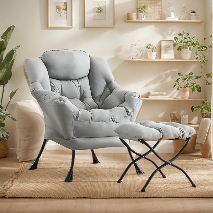 Lazy Chair with Ottoman Large Light Grey Accent Chair with Ottoman Comfy Reading Armchair Leisure Sofa Chair for Living Room Bedroom Dorm Room Office