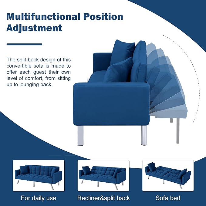 78 Modern Sofa Bed FutonConvertible Sleeper Bed Couch with 4 Reclining BackrestComfy Velvet Cloud Sofa Loveseat for Living Room Bedroom Office (Navy)