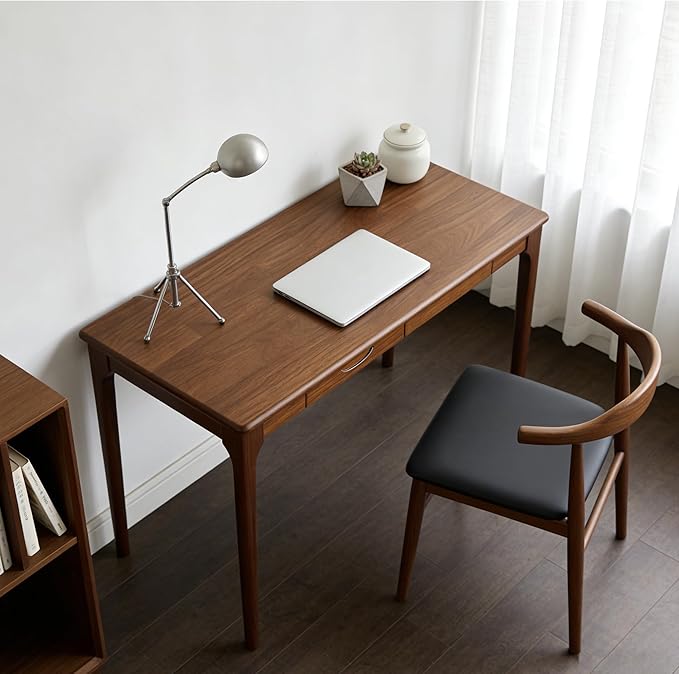 47 Solid Wood Desk with Drawers Small Home Office Writing Wooden Desk Gaming &amp Computer Desk for Bedroom Work Study Table for Small Space(Walnut47 Inch)