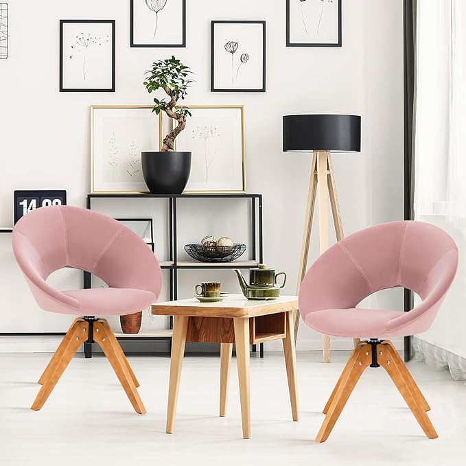 Giantex Swivel Accent Chair Modern Office Chair with Wood Legs Oversized Upholstered Seat Round Tufted Back Velvet Vanity Chair for Living Room Bedroom Pink