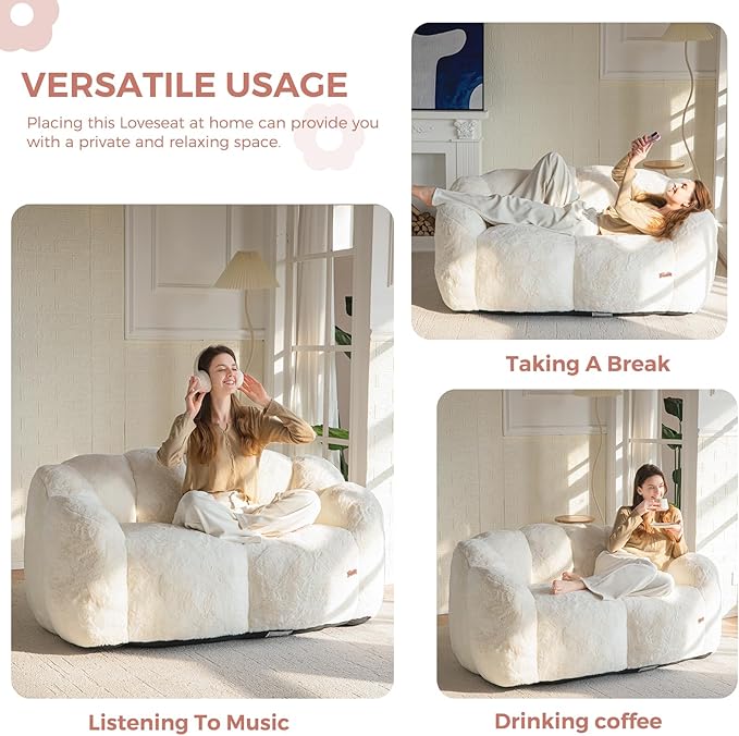 MAXYOYO Bean Bag Chair for Adults Loveseat Floral Shaped Bean Bag Sofa Ultra Soft Love Seat Mini Sofa Couch Faux Fur Reading Chair for Living Room Bedroom Beige