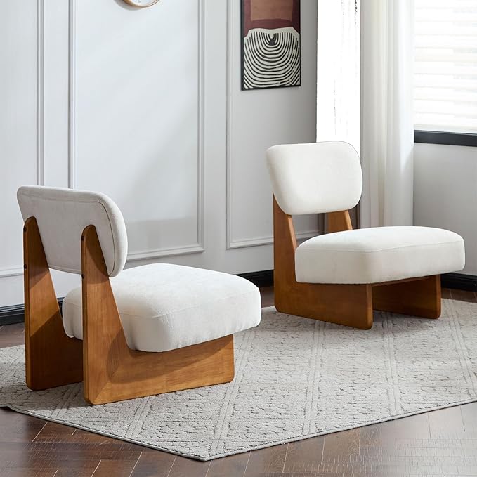 Beige Accent Chair Set of 2 for Small Spaces Armless Accent Chair for Bedroom Side Chairs &amp Comfy Chairs for Living Room Wood Base Comfy Cushion Bedroom Office (Beige+Natural)