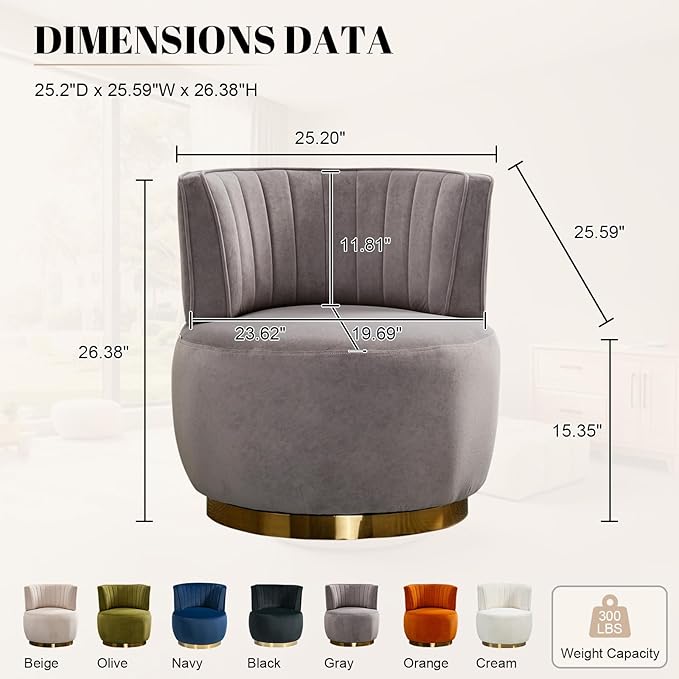360 Degree Swivel Accent Chair Comfy Round Swivel Barrel Chair with Mental Base Upholstered Cozy Reading Armchairs Modern Lounge Sofa Chairs for Living Room Bedroom Club Office(Velvet Gray)