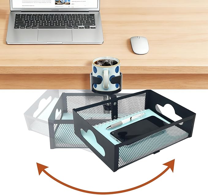 Under Desk Organizer 360° Swivel with Cup Holder Clamp-On No Drill Installation Sturdy Mesh Storage Drawer for OfficeDrawing Room and Kitchen RoomArt Supplies and More (Black) (with Cup Holder)