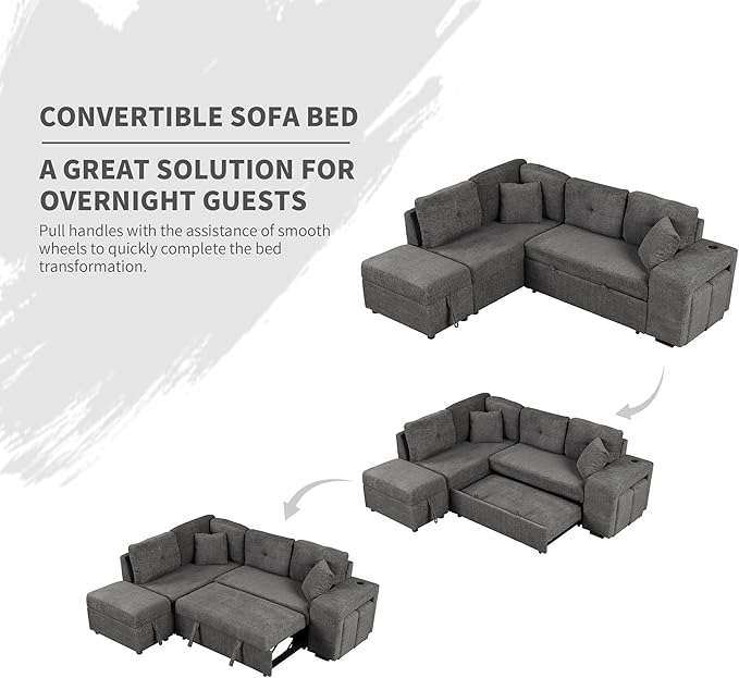 Upholstered L-Shaped Convertible Corner Sofa Couch with 2 Stools and 2 Throw Pillows Chenille Sectional Pull Out Sofa Bed with Storage Ottoman and 2 Hidden USB Ports for Living Room (Dark Grey-5)