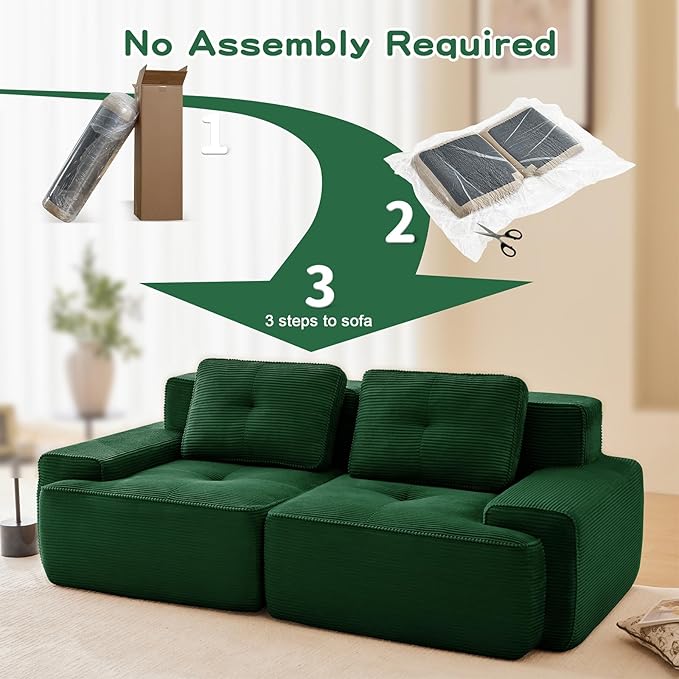82 Modern Compressed Boneless Love Seat Couches 2 Seater Large Sectional Couches for Living Room Green Corduroy Cloud Modular Sectional Sofa Memory Foam Extra Deep Loveseat No Assembly