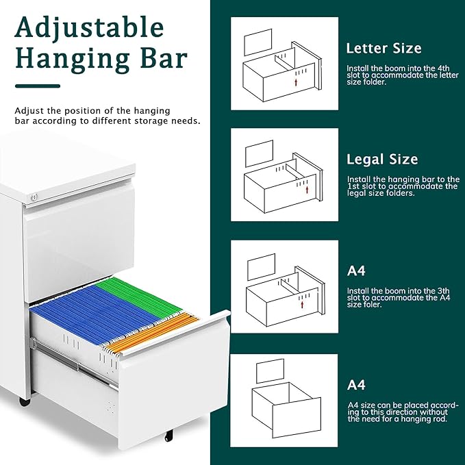 2 Drawer Mobile File Cabinet with Lock and Wheel Anti-tilt Design Metal Vertical Filing Cabinet Rolling Desk Filing Cabinet fits Letter/Legal Size for Home Office (White)