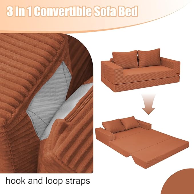 COMAX Convertible Sofa Bed Queen Corduroy Folding Floor Couch Pull Out Couch Bed Futon Sleeper with Pillows Fold Out Boneless Sofa Comfy Lounge Mattress Loveseat for Living Room Bedroom