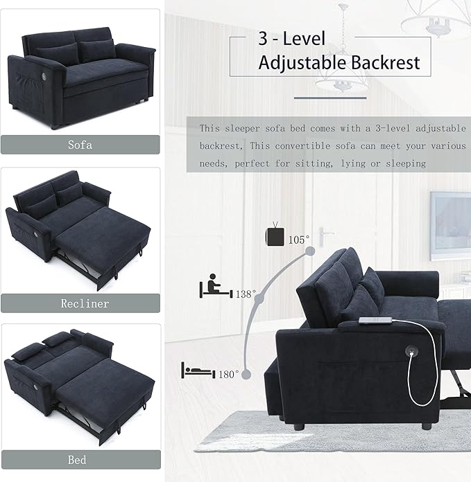 Sofa Bed Pull Out Couch with Side Pockets 3 in 1 Velvet Loveseat Sleeper Sofas Beds with USB Ports Sofa Bed Couch with Adjustable Backrest for Living Room Bedroom Apartment Black Blue