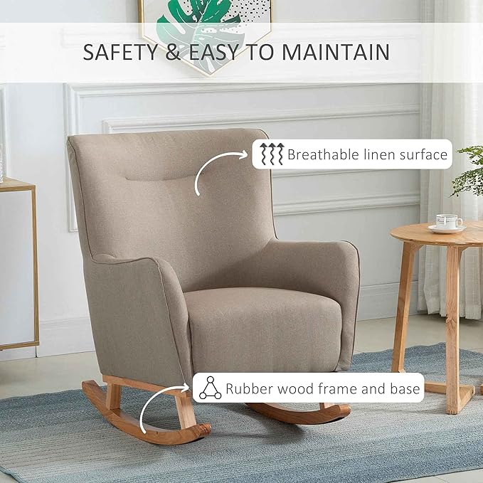 HOMCOM Modern Rocking Chair Sofa Armchair Modern Accent Chair with Thick Padding Winged Back for Living Room or Bedroom Greige