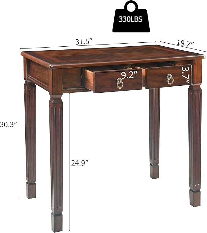Vintage Wooden Writing Desk with 2 Drawers Small Computer Desk Workstation 31.5in Wide Study Table for Home Office Small Secretary Table in Cherry Walnut SSZ-D1258