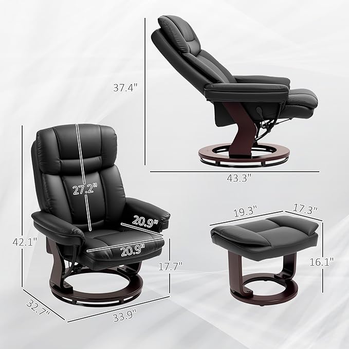 HOMCOM Recliner Chair with Ottoman PU Leather Swivel Recliner with Comfy Footrest Upholstered Adjustable Living Room Chair and Ottoman Set Black