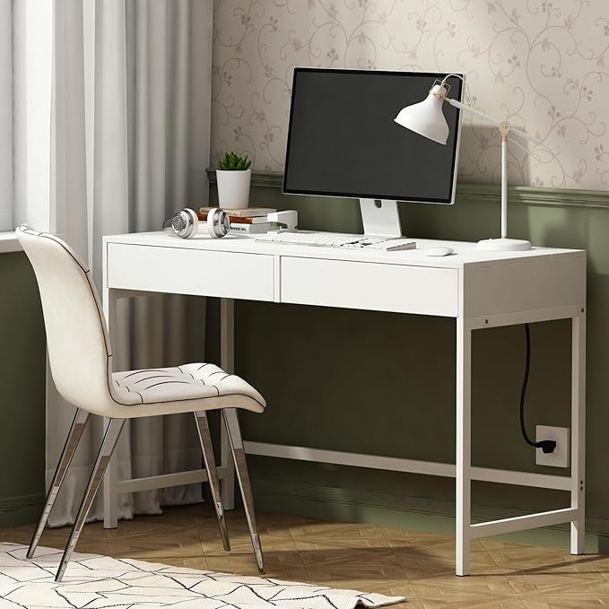 Treocho White Desk with USB Charging Ports and Power Outlets Modern Simple 47 inch Computer Desk with 2 Drawers Vanity Table Makeup Table for Home Office Bedroom