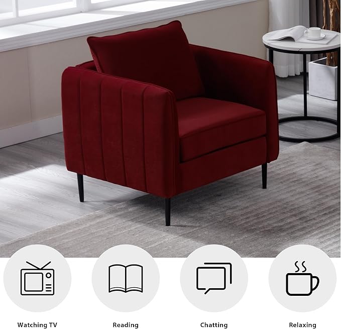 Velvet Accent Chair Comfy Upholstered Armchair Living Room Reading Chair with Metal Legs for Living Room Bedroom Office (Red Chair)