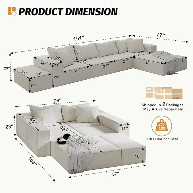 151'' Modular Sectional Sofa Couches Chenille Sleeper Deep Seat Sofa Bed Oversized Cloud Couch with 6 Pillows Free Combination Compression Sofa for Living RoomNo Assembly Beige