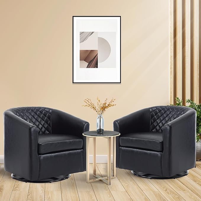 Swivel Gilder Modern Round Armchair 360 Swivel Leather Barrel Club Chair for Living Room Bedroom Office (Black)