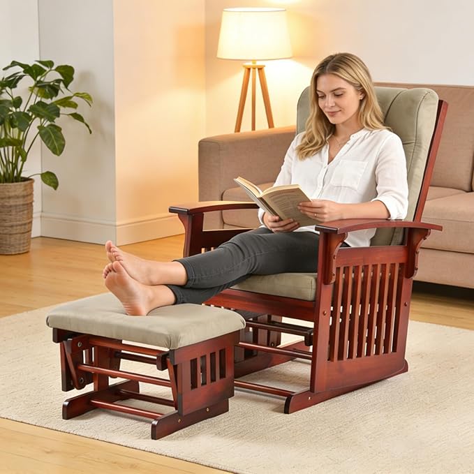 Solid Wood Glider Rocking Chair and Ottoman Set Rustic Nursery Glider Rocker with Padded Cushion Smooth Rocking Motion Indoor Living Room NursingNappingReading Brown
