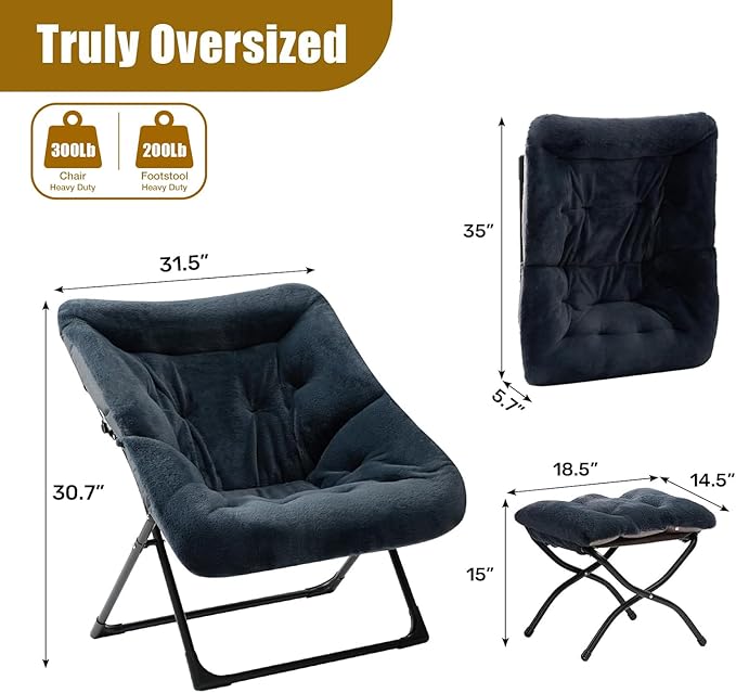 HollyHOME X-Large Saucer Chair with Foldable Ottoman Comfy Oversized Folding Chair and Folding Footrest Stool Set Faux-Fur Reading Chair and Footstool for Living Room Navy Blue Chair&ampStool