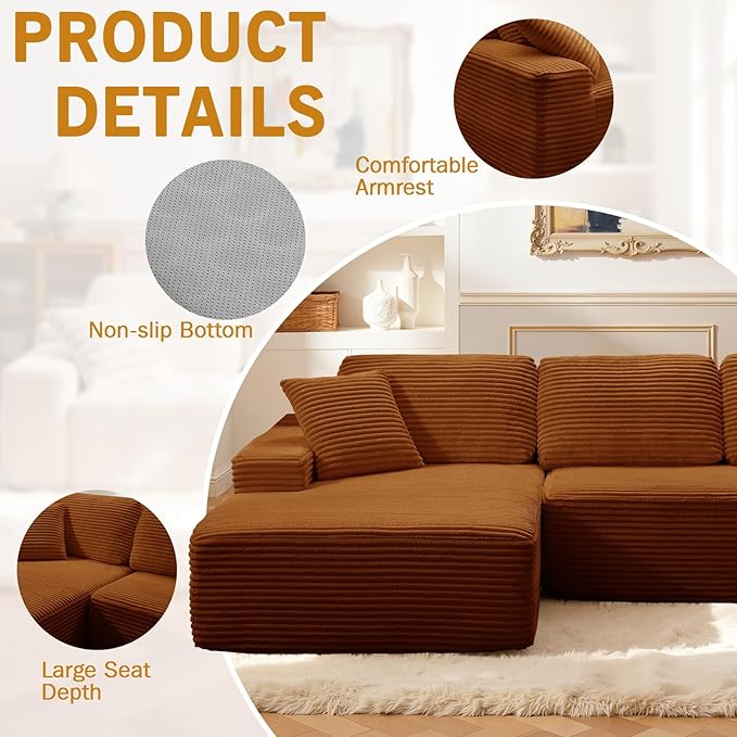 109.4” Modular Sectional Sofa Convertible Sofa Bed No Assembly Required Cloud Couch with Deep Seat Modern L-Shaped Boneless Sofa for Living Room (Orange)