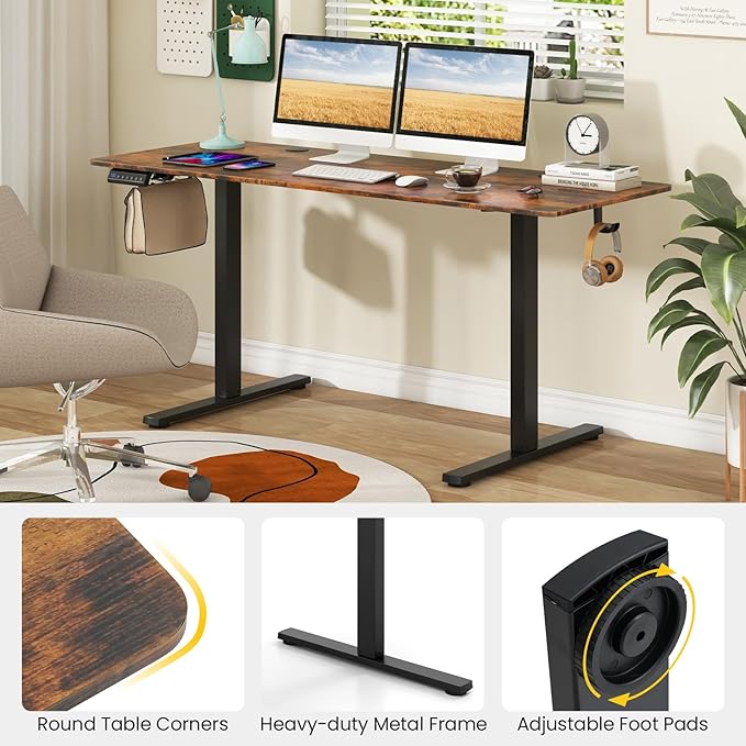 Tangkula 63 Inch Height Adjustable Electric Standing Desk Extra Large Sit Stand Desk with 3 Memory Height Settings Anti-Collision System 2 Hanging Hooks &amp Wire Holes Rising Desk for Home Offic