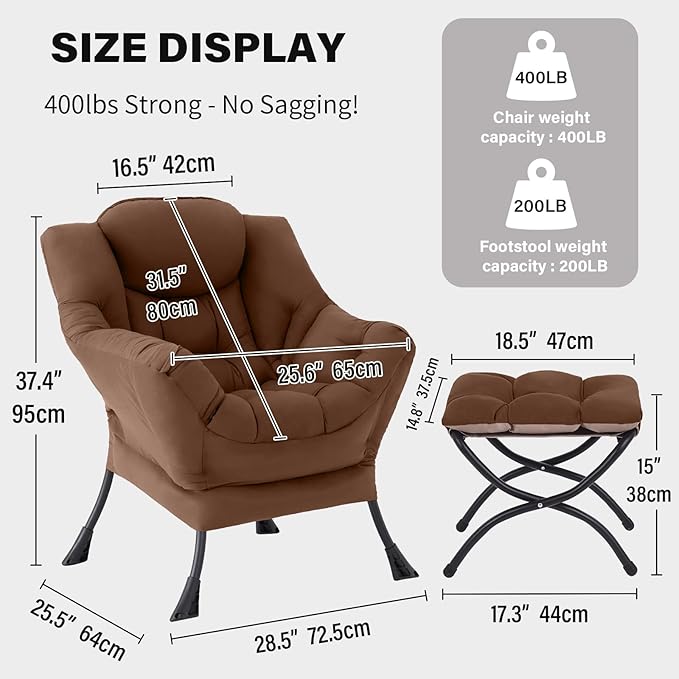 Tiita Lazy Chair with Ottoman Brown Modern Large Accent Chair Comfy Leisure Sofa Armchair with Ottoman Reading Chair with Footrest for Bedroom Living Room Dorm Rooms Brown