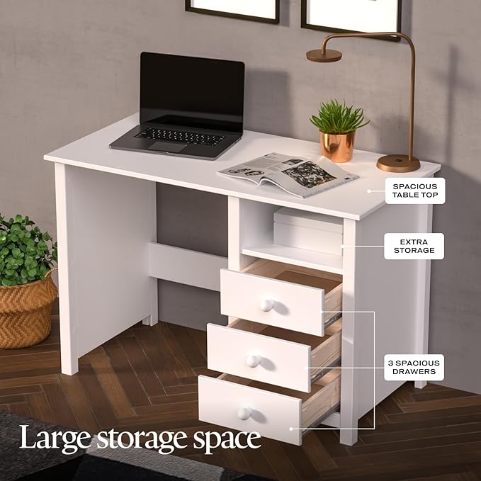 From the Tree Furniture Solid Wood Desk with Drawers – Compact Study Desk for Kids &amp Adults Space-Saving Home Office Writing Table Real Pine Construction
