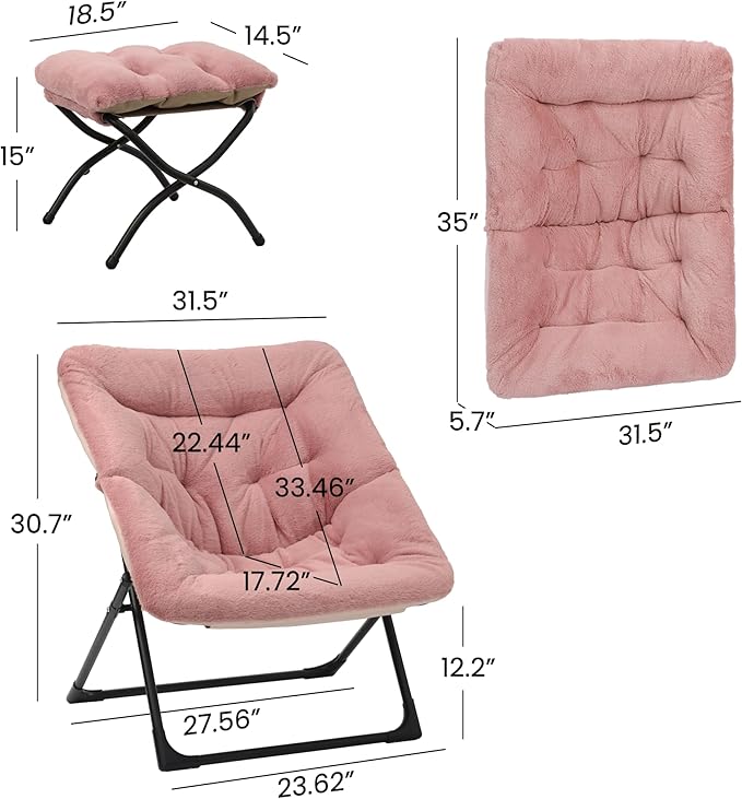 Comfy Saucer Chair for Adults Soft Faux Fur Bedroom Chair with Ottoman Accent Dorm Chairs Living Room Reading Chairs and Footstool Folding Seat for Teens X-Large Dusky Pink