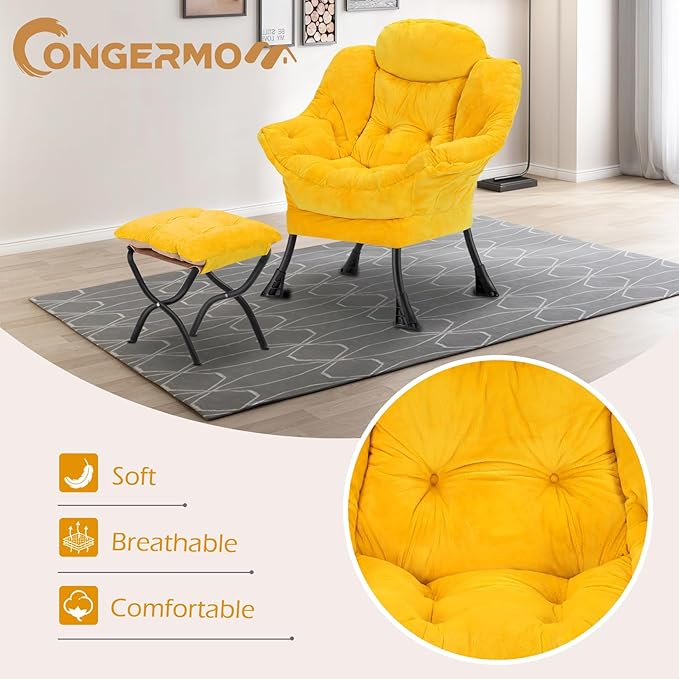 Lazy Chair with Folding OttomanLeisure Sofa ChairSoft Fabric Armchair with Armrests and Side Pockets Reading Chair with Footrest for Living Room Bedroom Office (Plush Yellow)
