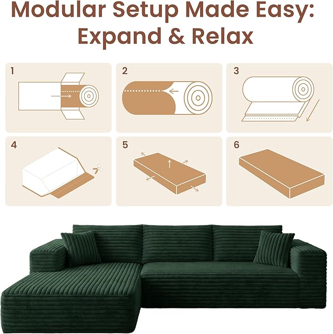 Modular Sectional Couch | CNest-LL 107 Left-Facing L-Shaped Cloud Sofa with High-Density Foam Boneless Floor Couch Cozy Thickened Corduroy Couch 1400lbs Support | Emerald Green
