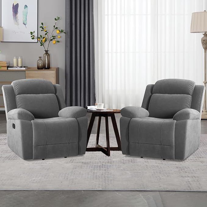 2Pcs Manual Rocker Recliner Chair Comfy Short Plush Glider Rocking Recliner with Overstuffed Lumbar Support Upholstered Reclining Sofa Chair for Living Room Grey