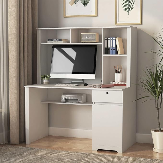 VERYKE Home Office DeskComputer Desk with Hutch and DrawerWriting Desk with 3 AC OutletModern Office Desk with 2 USB Charging Ports for Study RoomLiving Room (White)