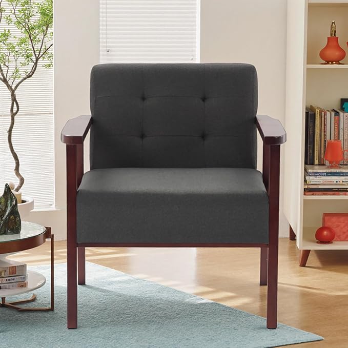 Mid-Century Accent ChairModern Fabric Living Room Chairs with Solid Wood FrameComfy Armchair Lounge Reading Chairs for Bedroom Office Small Spaces (Grey-Fabric)
