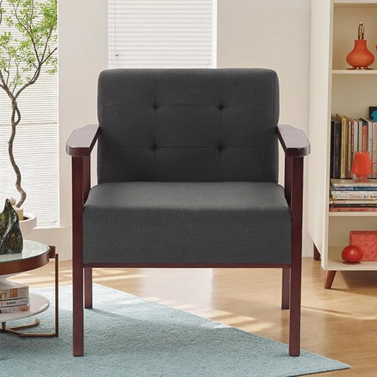 Mid-Century Accent ChairModern Fabric Living Room Chairs with Solid Wood FrameComfy Armchair Lounge Reading Chairs for Bedroom Office Small Spaces (Grey-Fabric)