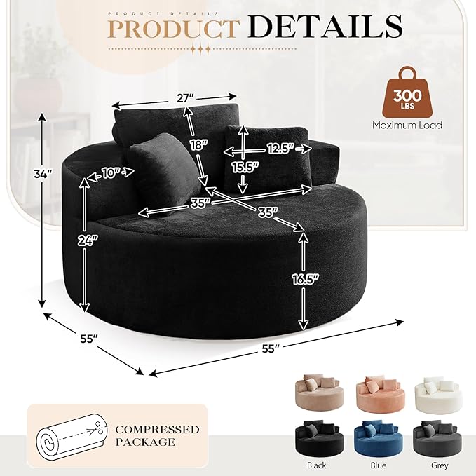 Modern Round Accent Sofa Chair for Living Room Upholstered Soft Terrycloth Barrel Lounge Arm Chair with Large seat&ampThrow Pillows for Bedroom Office Apartment Black
