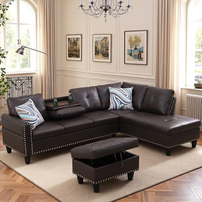L Shaped Sectional Couch with Ottoman Modern Leather Modular Sectional Sofa with Cup Holder Nail-Head Design L Shaped Couch for Living Room Bedroom Brown