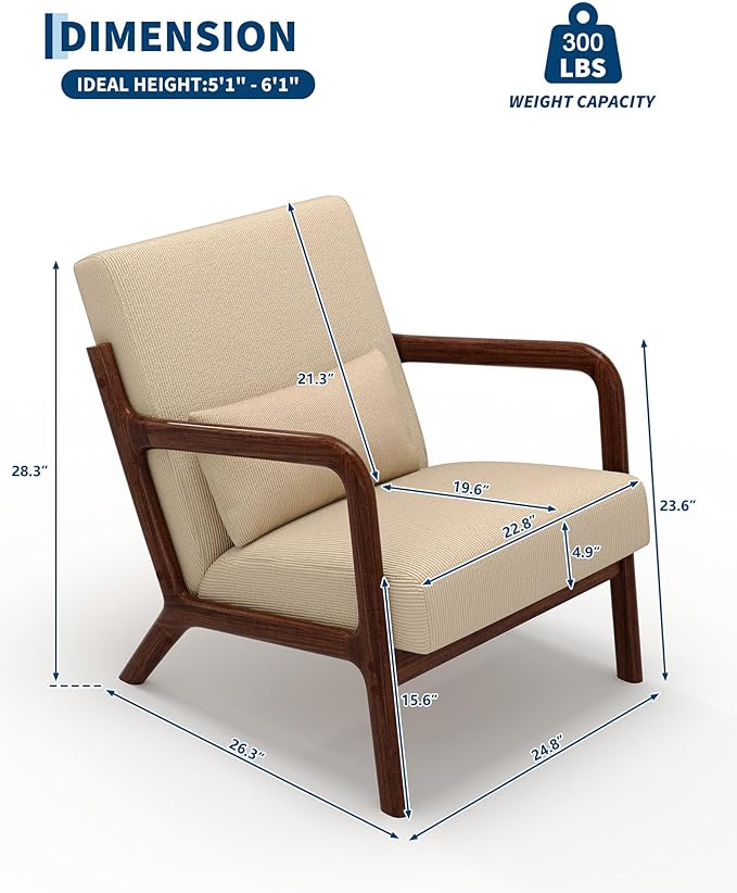 Garvee Mid-Century Modern Accent Chair Fine Wale Corduroy Upholstery Solid Wood Armchair with Removable Lumbar Pillow Sturdy Reading Chair for Living Room Bedroom Guest Room Easy Assembly Brown