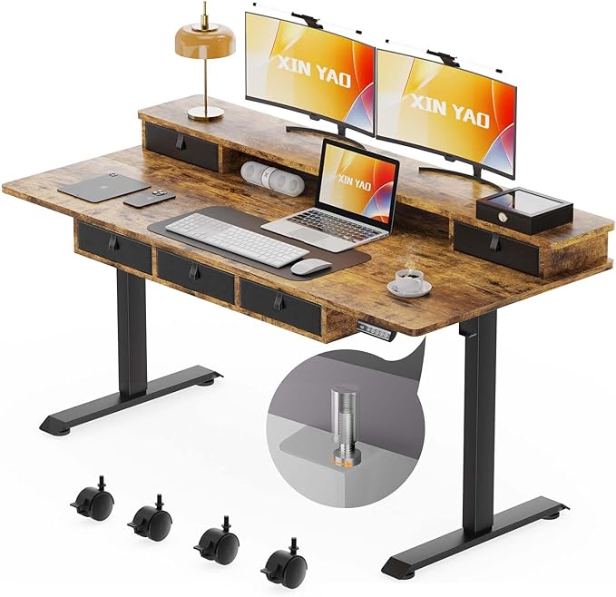 XINYAO Electric Standing Desk with 5 Drawers 63x30 Inch Extra Wide Height Adjustable Sit Stand Up Desk with Storage Support 290lbs Ergonomic Rising Table with Wheels for Home Office