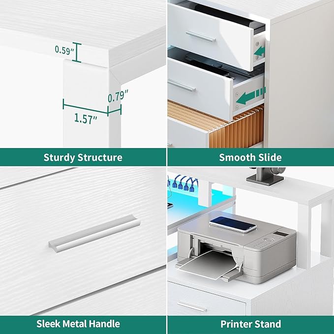 DWVO L Shaped Desk with 3 Drawers 65 Corner Computer Desk with Power Outlets &amp LED Lights L-Shaped Desk with File Cabinet &amp Printer Stand for Home Office White