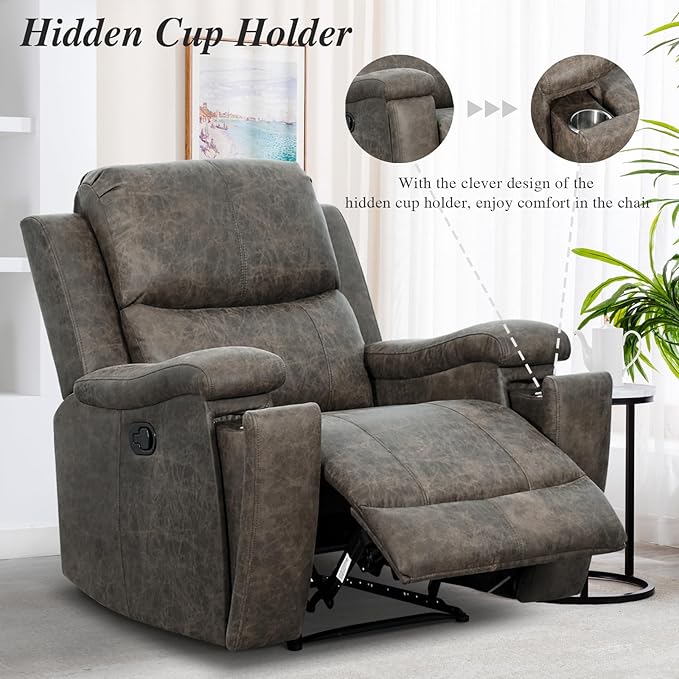 EBELLO Grey Recliner Chair Single Overstuffed Sofa Recliners Breathable Faux Leather Manual Reclining Chairs with Hidden Cup Holder Arm and Back for Adults Living Room Bedroom Grey