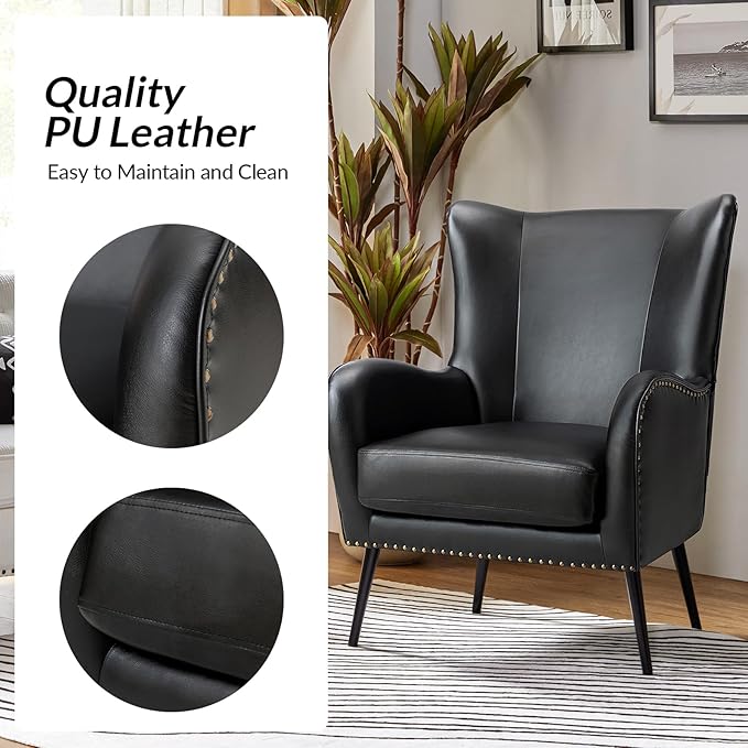 Upholstered Faux Leather Accent Chair with Black Metal Legs Comfy Armchair with Removable Cushion &amp Nailhead Trim Wingback Vanity Chair for Reading Living Room Bedroom