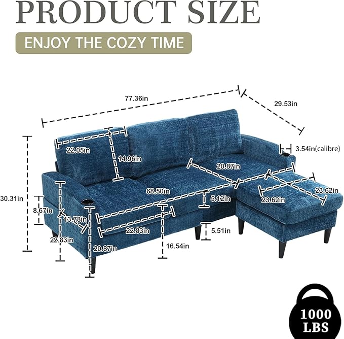 L Shaped Couch with Storage Ottoman 77 Chenille Small Sectional Couches with 2 Cup Holders &amp Storage Pocket for Small Space Comfy Cloud Sectional 3 Seater Couch Blue