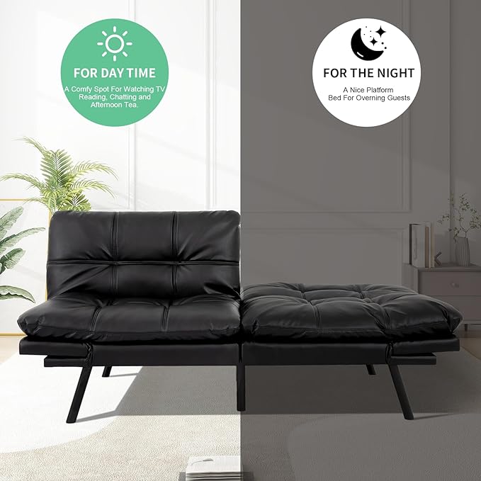 MUUEGM Futon Couch with 71 Adjustable High Density Memory Foam Futon Sofa Bed Modern Design Sofa Bed for Living Room Sleeping and Relaxing(Leather Matte Black)