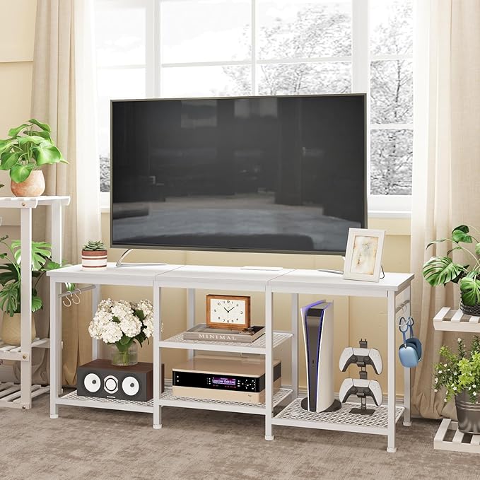 YGEOMER Entertainment Center for 55 inch TVs TV Stand with Power Outlet and Open Storage Shelves TV Media Console Table for Living Room and Bedroom White