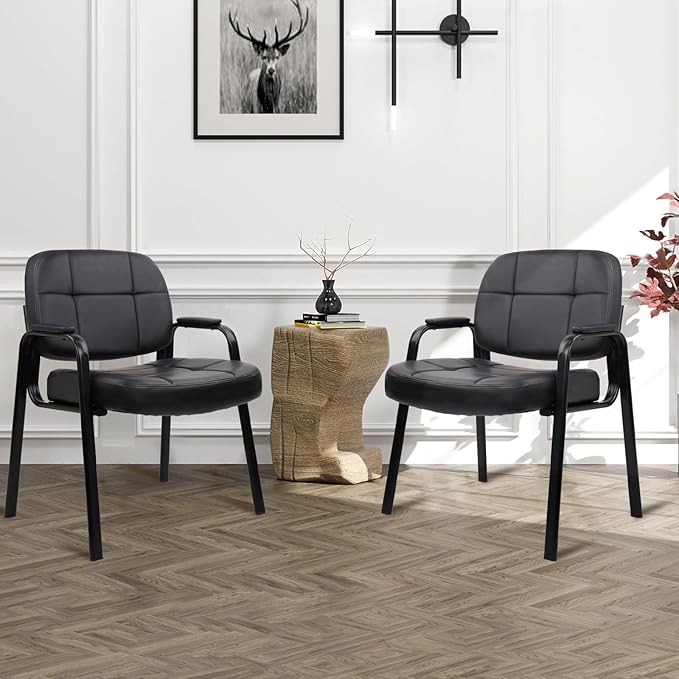 CLATINA Big &amp Tall 500 lbs Leather Office Reception Chair No Wheels with Padded Arms Waiting Room Guest Chair for Elderly Home Desk Conference Room Lobby Side Salon Clinic Black