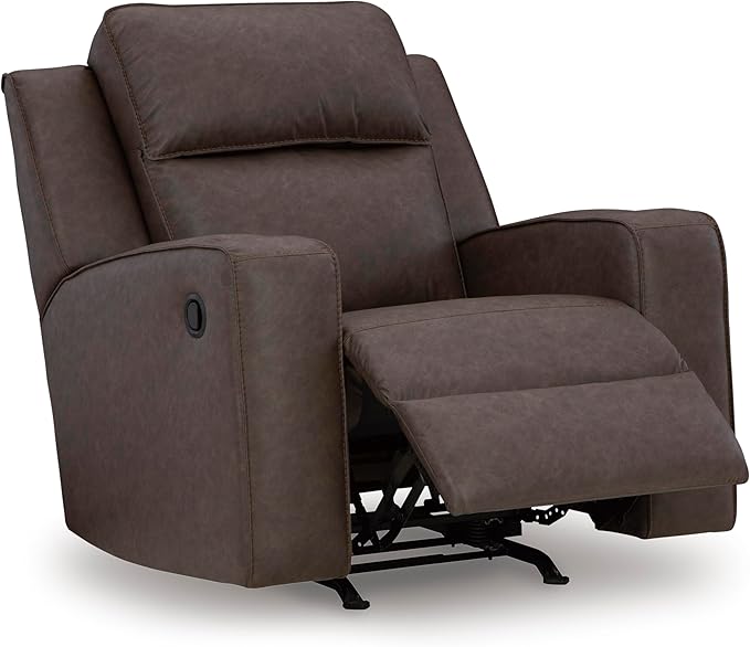 Signature Design by Ashley Lavenhorne Contemporary Faux Leather Upholstered Manual Rocker Recliner with 2 Cup Holders Dark Brown