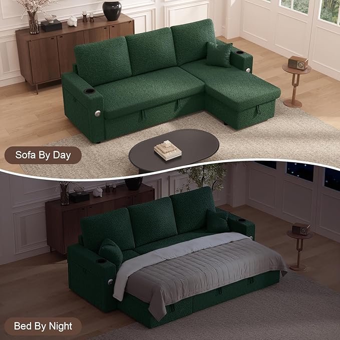 Sleeper Sofa Bed 4-in-1 Pull Out Couch with Reversible Chaise | Dual USB &amp Type-C Charging | Dual Cup Holders | Layered Storage (Armrest + Chaise) for Living Room (Classic Green)