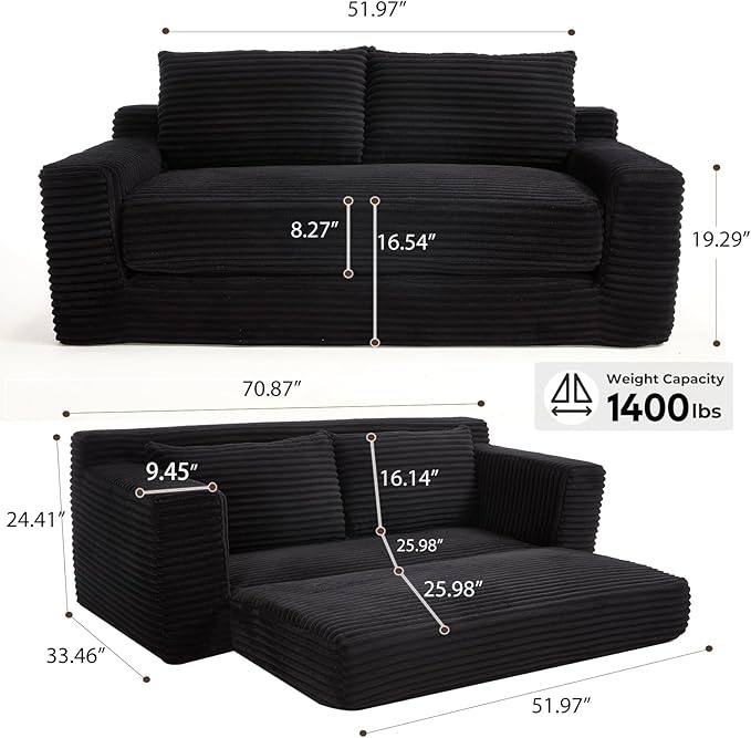 70.87 W Memory Foam Cloud Loveseat Sofa 2 in 1 Convertible Folding Couch Bed No Assembly Compressed Corduroy Floor Lounge Sofa for Apartment Office Bedroom Living Room Small Spaces