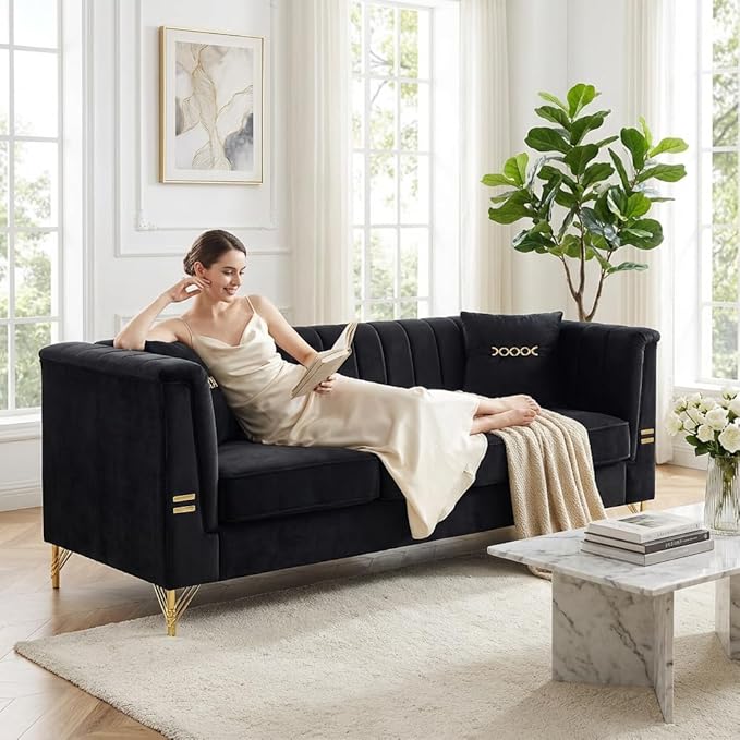 2 Piece 84'' L Modern 3 Seater Black Velvet Sofa Couches with Metal Gold Legs for Living Room Mid Century Classic Tufted Chesterfield Sofa Set for Apartment Office Home