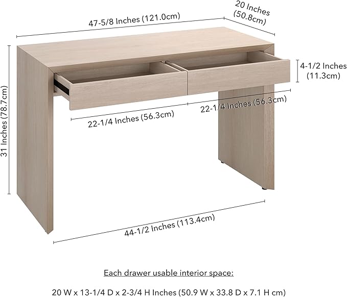 Henn&ampHart 48 Modern Rectangular Wooden Home Office Desk Computer Desk Writing Table with 2 Storage Drawers for Home Office Beech White